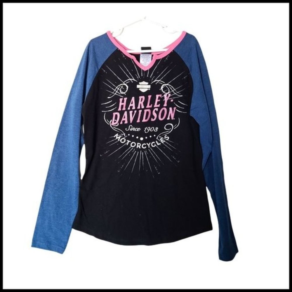 Harley Davidson Raglan Long Sleeve Logo Glitter Tee T-Shirt Kids 10 12 Years Bla